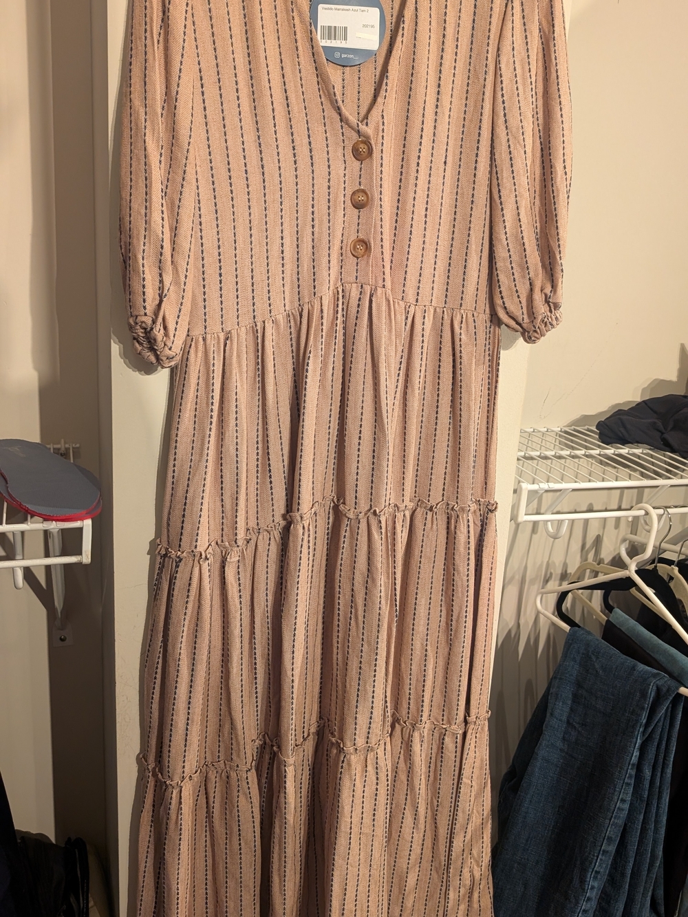 Beige Stripe Tiered Maxi Dress with Button Front
